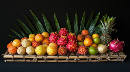 A stunning arrangement of vibrant tropical fruits on a bamboo tray, showcasing a variety of textures and colors set against a dark background. Perfect for food photography.の素材
