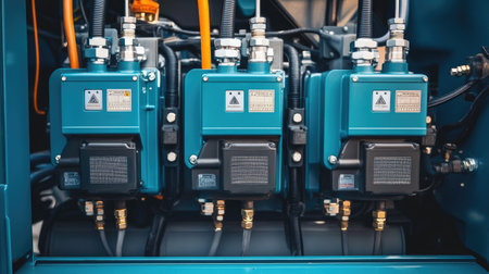 A detailed view of industrial machinery featuring blue hydraulic pumps. The image showcases advanced technology and components essential for efficient operation in manufacturing.の素材