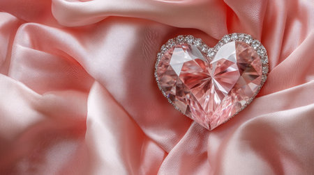 A stunning heart-shaped pink gemstone rests elegantly on soft satin fabric, creating a romantic and luxurious aesthetic perfect for jewelry or fashion themes.の素材