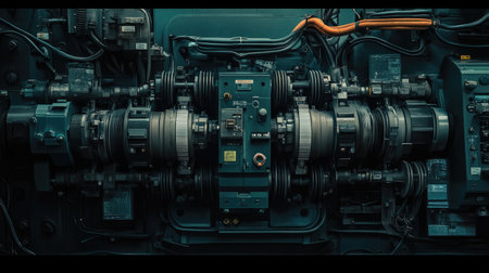 Explore the intricate details of industrial machinery components, showcasing technology and engineering excellence in a close-up view of the system's mechanism and design.の素材