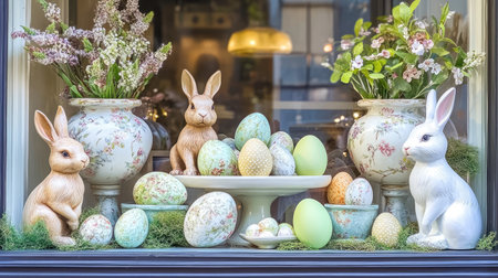 A charming window display featuring adorable bunnies, colorful eggs, and floral arrangements, perfect for celebrating the joy of Easter and springtime festivities.の素材