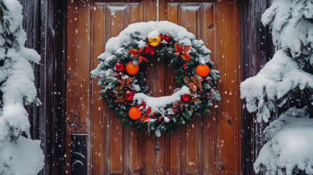 A stunning, snow-covered Christmas wreath hangs on a wooden door, embodying the festive spirit of winter. This cozy scene captures the essence of holiday joy and celebration.の素材