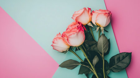 Vibrant pink roses rest gracefully on a soft pastel background, creating a fresh and elegant visual ideal for floral decor projects and romantic themes.の素材