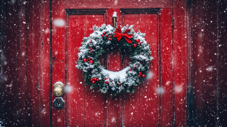 A beautiful red door adorned with a charming wreath, surrounded by falling snow. This festive scene captures the essence of winter holiday spirit and warmth.の素材