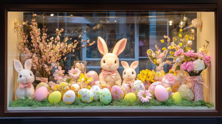 A delightful Easter display featuring plush rabbits, vibrant flowers, and colorful eggs, perfect for celebrating the joyful spring season in any festive setting.の素材