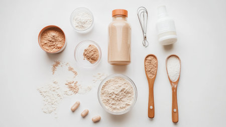Explore a variety of natural ingredients and utensils ideal for preparing healthy recipes. This minimalist flatlay showcases a clean kitchen setup for wellness.の素材