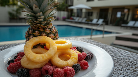A vibrant platter featuring fresh pineapple slices and assorted berries, beautifully presented by a serene poolside, perfect for summer enjoyment.の素材