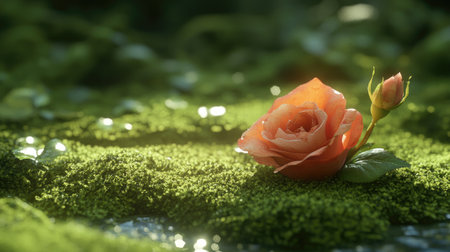 A stunning close-up of a beautiful rose flower resting on lush moss, surrounded by a soft green background, evoking feelings of serenity and natural beauty.の素材