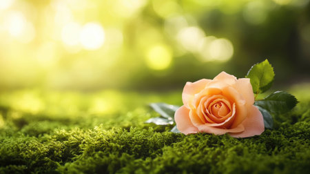 A soft peach rose rests gently on vibrant green moss, illuminated by warm sunlight. This serene image captures natural beauty and tranquility in a garden setting.の素材