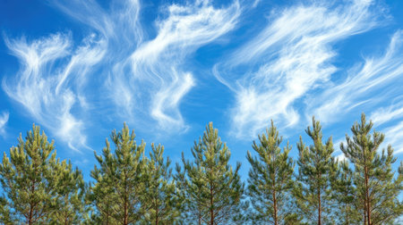 A serene view showcasing lush green pine trees against a stunning blue sky filled with delicate white clouds, perfect for nature lovers and outdoor enthusiasts.の素材