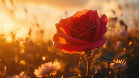 A stunning red rose stands elegantly in a sunlit garden, surrounded by soft blooms. The warm glow of the sunset enhances the flower's vibrant colors, creating a tranquil atmosphere.の素材