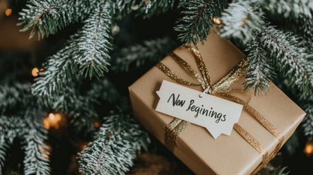 A beautifully wrapped gift box rests beneath a Christmas tree, adorned with a tag reading "New Beginnings." This cozy holiday scene evokes warmth and joy, perfect for seasonal celebrations.の素材