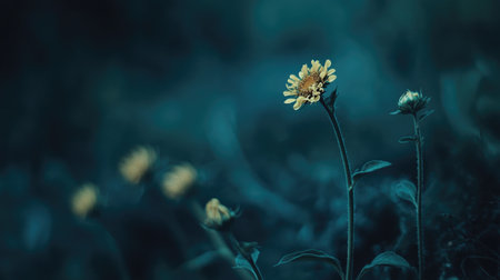 A stunning close-up of a single yellow flower standing out in a dark, moody backdrop. The image captures the delicate beauty of nature and evokes a sense of tranquility.の素材