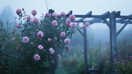 A tranquil scene of pink roses blooming in a misty morning garden, featuring a rustic wooden arbor. The soft colors and fog create a serene atmosphere.の素材