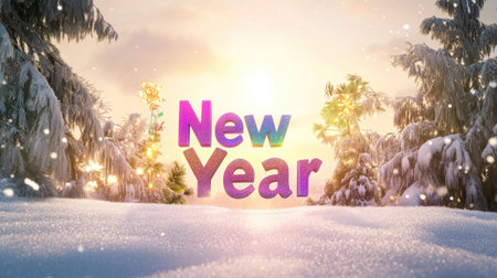 Captivating winter landscape featuring vibrant New Year greetings amidst a snowy setting. The scene captures the essence of celebration and tranquility.の素材