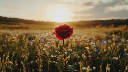A stunning single red rose stands tall in a lush flower field during sunset. The vibrant colors blend beautifully, creating a serene and peaceful atmosphere.の素材