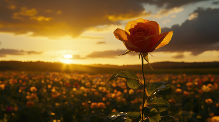 A stunning rose stands tall against a breathtaking sunset, casting warm hues over a colorful field of blossoms, symbolizing beauty and tranquility in nature.の素材