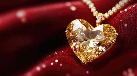 A stunning close-up of an elegant heart-shaped yellow gemstone pendant elegantly displayed on rich red satin fabric, perfect for luxury fashion contexts.の素材