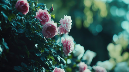 This image captures stunning pink roses blooming amidst lush greenery, highlighting their delicate petals and vibrant colors. A perfect symbol of natural beauty.の素材