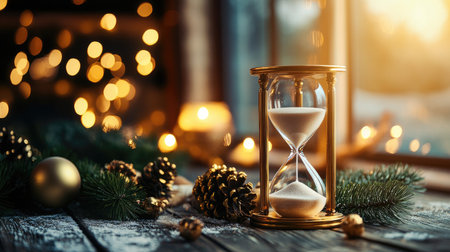 An elegant hourglass filled with sand sits on a rustic wooden table, surrounded by festive decorations that create a warm and inviting atmosphere.の素材