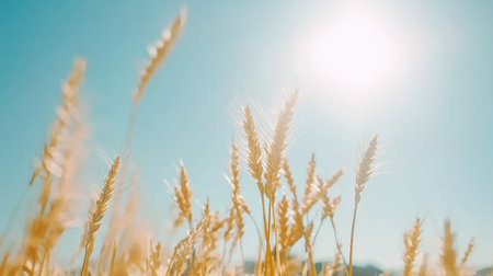 A vibrant wheat field captures the warm glow of sunlight against a clear blue sky. This serene agricultural scene evokes feelings of abundance and nature's beauty.の素材