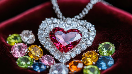 A stunning heart-shaped pendant adorned with colorful gemstones and diamonds, perfect for adding a touch of elegance and romance to any jewelry collection.の素材