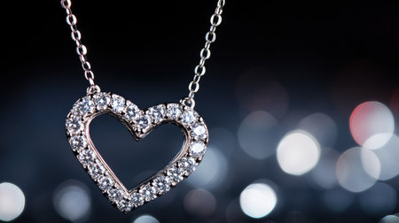 A stunning heart-shaped necklace featuring shimmering diamonds. The elegant design rests on a dark background, capturing the essence of luxury and romance. Perfect for gifting or special occasions.の素材