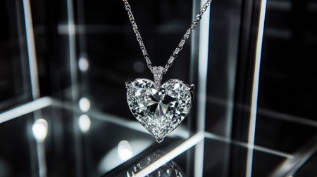 Stunning heart-shaped diamond pendant shines beautifully under display lighting, showcasing luxury and elegance in every facet of its design.の素材