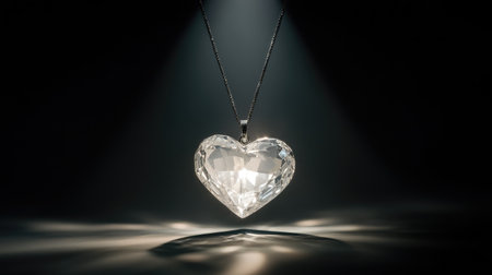 This captivating heart-shaped crystal pendant necklace features stunning reflections and dramatic illumination, perfect for showcasing elegance and charm.の素材