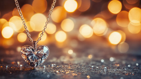 A captivating heart-shaped diamond pendant hangs gracefully against a shimmering backdrop, ideal for celebrating love and special moments.の素材