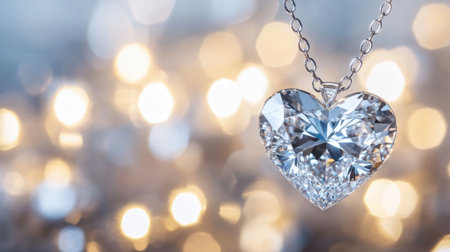 A stunning heart-shaped diamond pendant hanging from a delicate chain, illuminated by soft bokeh lights, exudes elegance and romance, perfect for special occasions.の素材