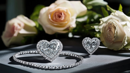 Stunning heart-shaped diamond jewelry set elegantly placed among soft roses. Perfect for weddings or romantic occasions, this image captures luxury and beauty.の素材