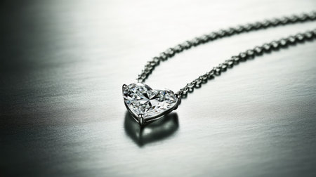 This captivating heart-shaped diamond necklace rests elegantly on a polished silver surface, creating a striking visual with its brilliant reflection and luxurious appeal.の素材
