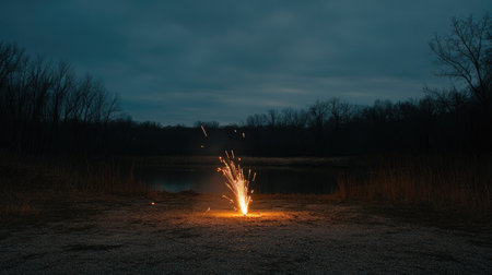 A vibrant sparkler sends bright sparks into the twilight sky by a calm water body, creating a stunning contrast with the dark trees and serene landscape.の素材