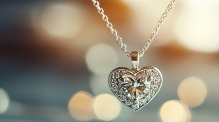 A close-up view of an elegant heart-shaped pendant necklace featuring a sparkling gemstone, perfect for showcasing timeless beauty and romantic charm.の素材