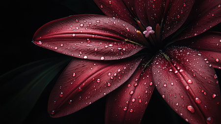 Stunning close-up of dark red lily petals adorned with fresh raindrops, showcasing nature's intricate beauty on a sleek black background.の素材