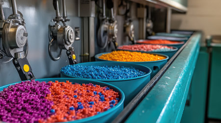 Vibrant plastic granules displayed in color-coded bins enhance the manufacturing process, showcasing the diversity of materials used in various industries.の素材