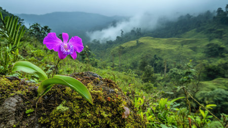 A stunning purple orchid blooms on a moss-covered rock, set against a lush mountain landscape. Ethereal fog drifts through the greenery, creating an enchanting atmosphere.の素材
