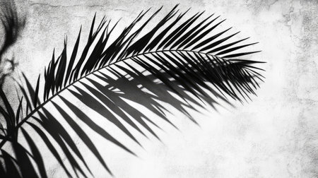 A striking monochrome image showcasing the silhouette of a palm leaf casting a shadow on a textured background, perfect for artistic decor.の素材