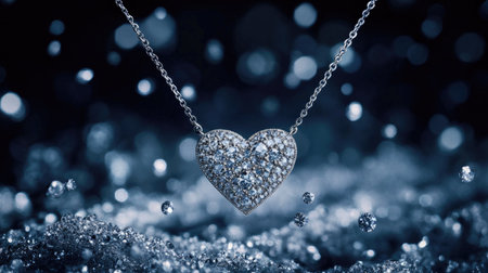 Stunning heart-shaped diamond necklace displayed on a sparkling surface, showcasing luxury and elegance, perfect for romantic gifts or fashion accessories.の素材