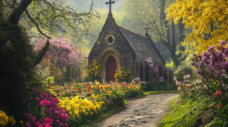 A picturesque stone chapel nestled in a vibrant garden filled with colorful flowers, showcasing the beauty of nature during springtime. A peaceful scene.の素材