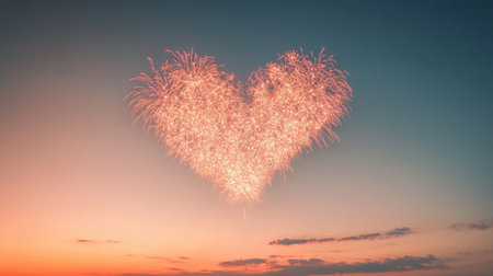 A stunning display of heart-shaped fireworks lighting up the dusk sky, capturing the essence of love and celebration, ideal for romantic and festive themes.の素材