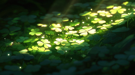 This enchanting scene captures sunlit clover leaves scattered on soft ground, creating a serene atmosphere in a magical forest setting filled with tranquility.の素材