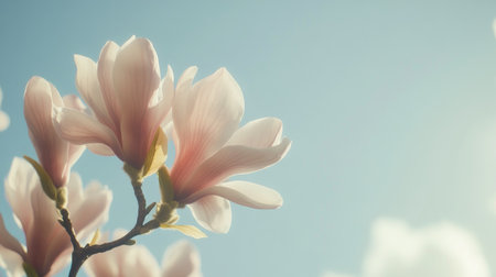 A stunning close-up of beautiful blooming magnolia flowers set against a clear blue sky. The soft pink petals and greenery evoke feelings of tranquility and the beauty of nature.の素材