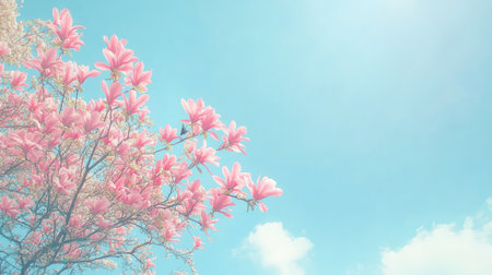 A stunning display of pink magnolia flowers blooms beautifully against a clear blue sky. This vibrant scene captures the essence of springtime in nature.の素材