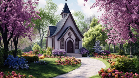 A charming chapel nestled in a vibrant garden full of blooming flowers and lush greenery, offering a serene escape into nature's beauty and tranquility.の素材