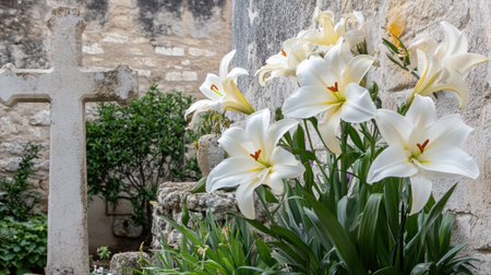 A tranquil garden scene featuring white lilies blooming near a stone cross, creating a serene atmosphere perfect for reflection and remembrance.の素材