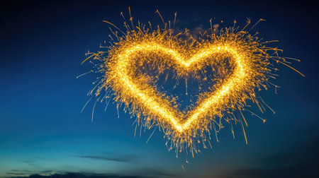 A stunning display of a sparkling heart shape firework illuminating the twilight sky, perfect for themes of love, celebration, and romantic moments.の素材