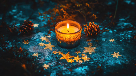 A serene scene featuring a glowing candle surrounded by glittering stars and pinecones. The warm light creates a peaceful ambiance, perfect for festive occasions.の素材