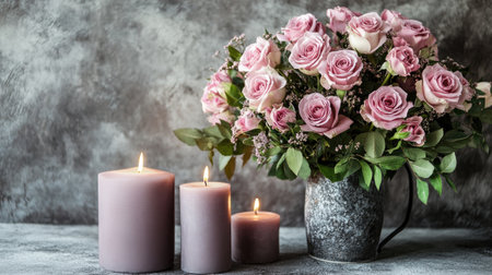 A beautiful arrangement of pink roses in a vintage jug, complemented by softly glowing candles. The gray background adds a serene touch, perfect for elegant decoration.の素材